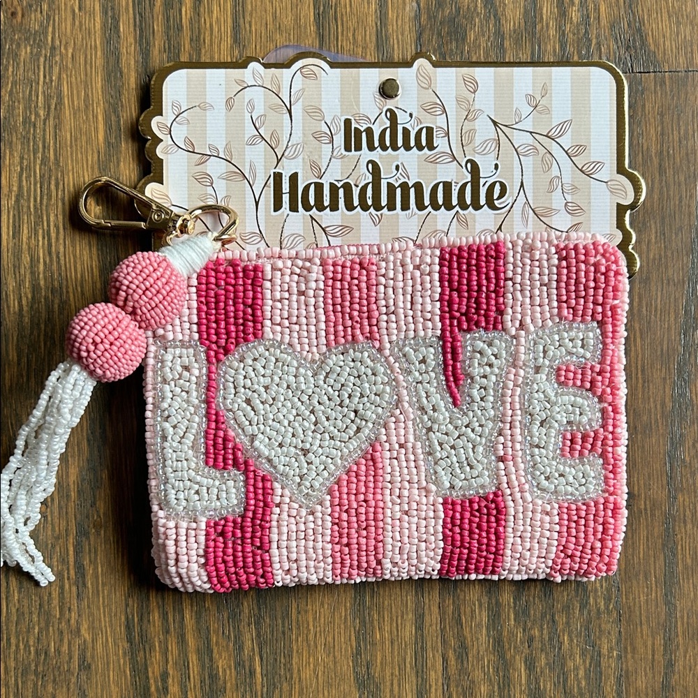 Pink and White Beaded Key & Card Holder